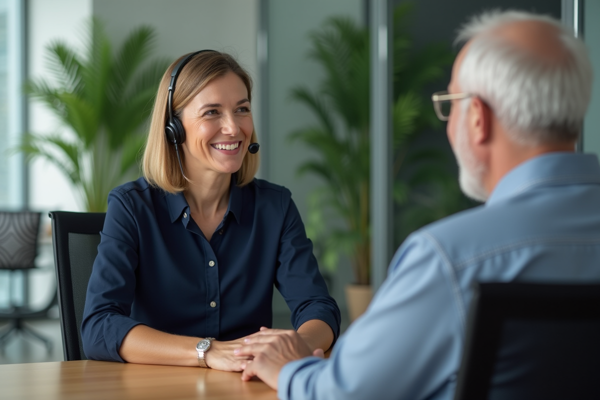 Représentante service client souriante en bureau moderne
