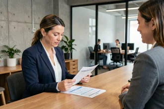 Femme d'affaires consultant les tarifs de réservation d'un espace de coworking à l'accueil du Foyer Entrepreneurial