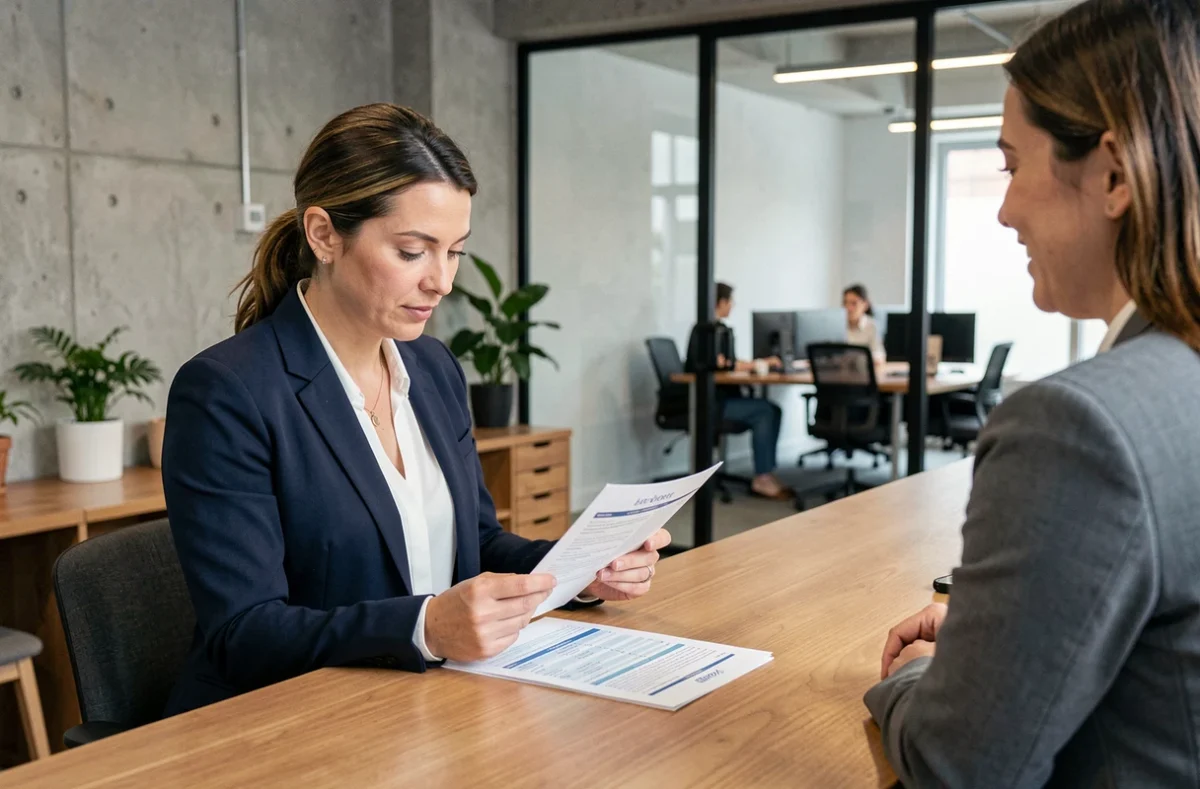 Femme d'affaires consultant les tarifs de réservation d'un espace de coworking à l'accueil du Foyer Entrepreneurial