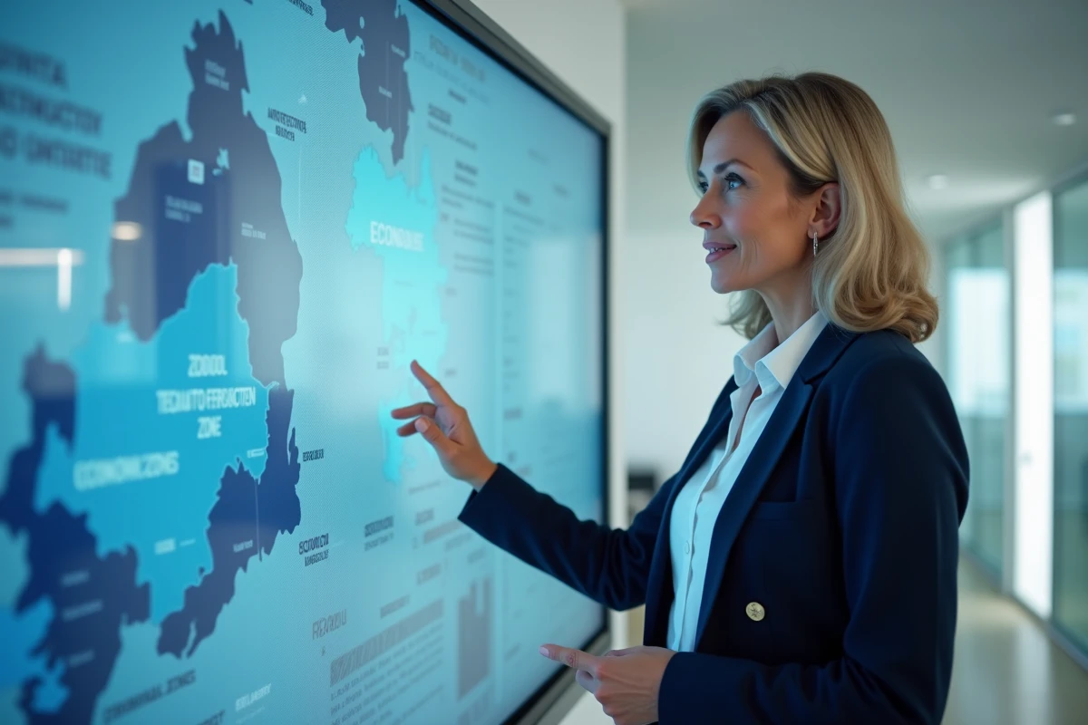 Responsable de développement territorial présentant une carte interactive des opportunités d'implantation d'entreprises sur un écran numérique