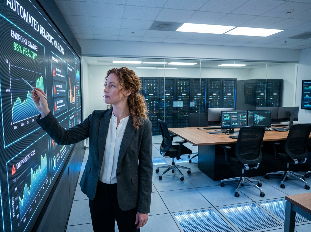 Femme responsable IT présentant des workflows d'automatisation RMM dans une salle d'opérations informatiques