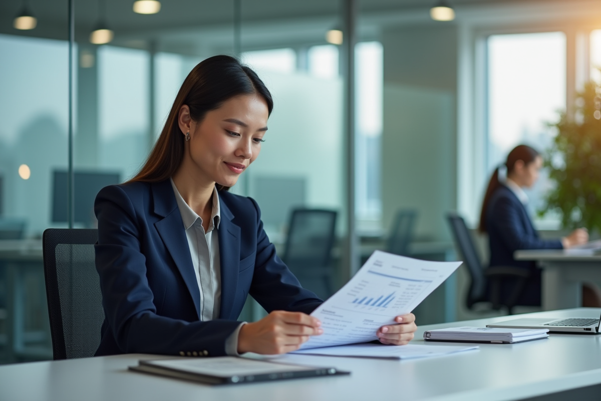 Manager RH en bureau moderne examine un rapport salarial