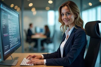Responsable RH utilisant un logiciel de gestion de dossiers numériques sur ordinateur dans un bureau moderne