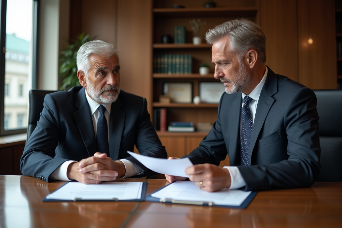 Deux professionnels en réunion d'affaires légales dans un bureau moderne