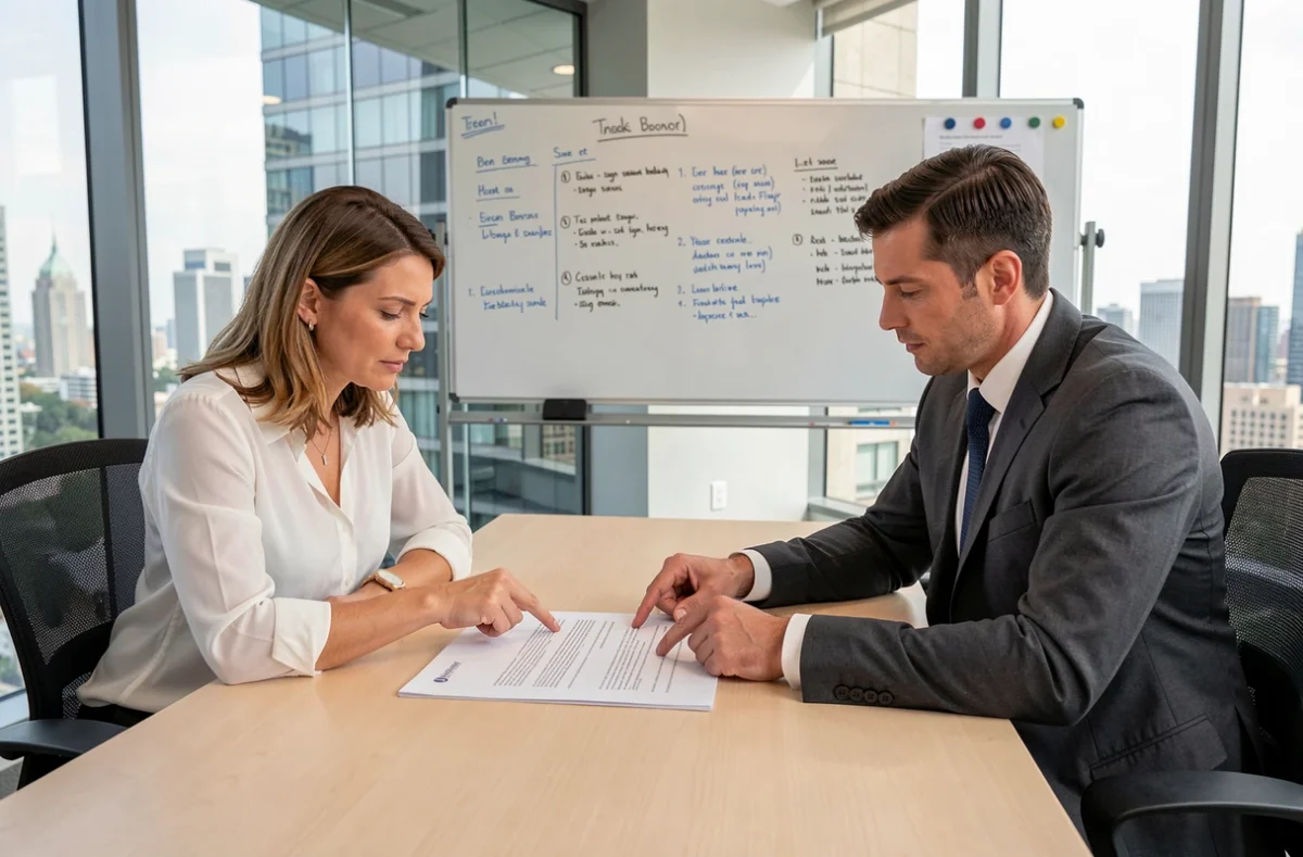 Deux professionnels analysant un contrat de portage salarial en salle de réunion