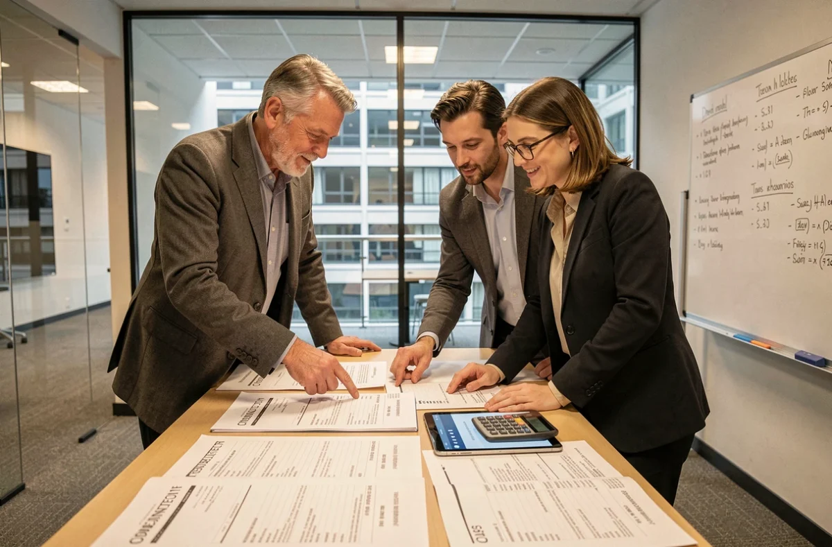 Deux comptables discutant du lettrage des prélèvements B2B DGFiP autour de documents de trésorerie en salle de réunion