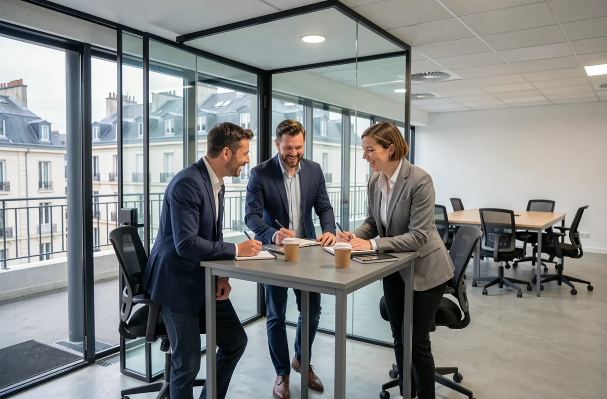 Groupe de professionnels en réunion debout dans un espace de coworking à Thionville avec vue sur la ville
