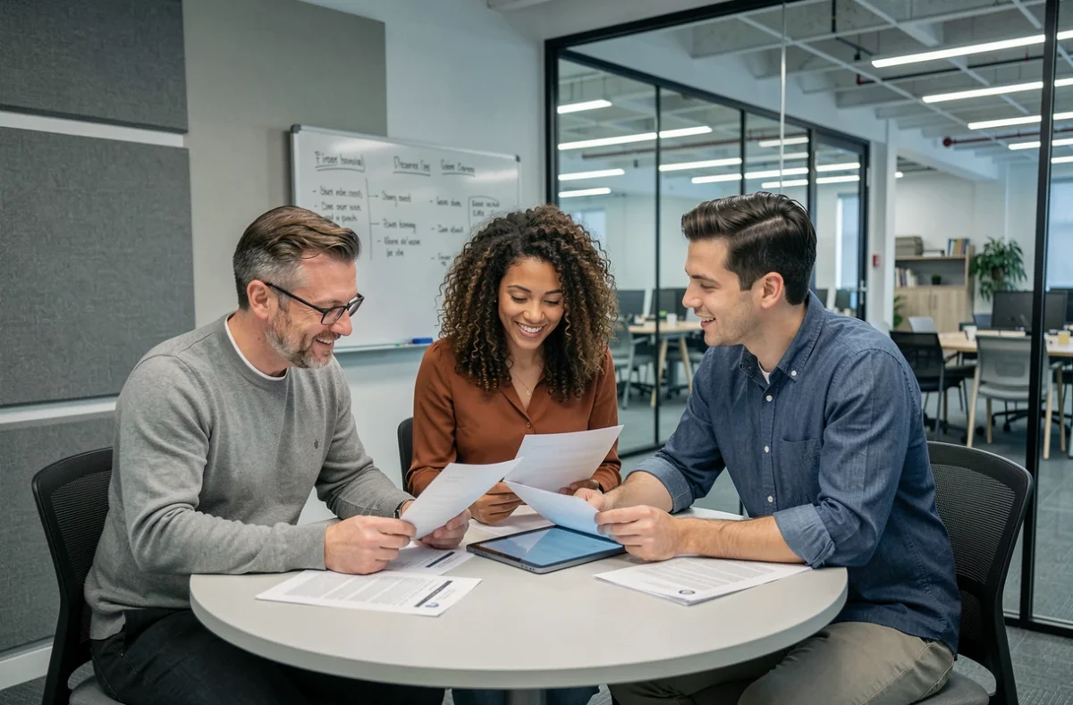Équipe de professionnels en réunion dans une salle collaborative d'un espace de coworking à Vannes