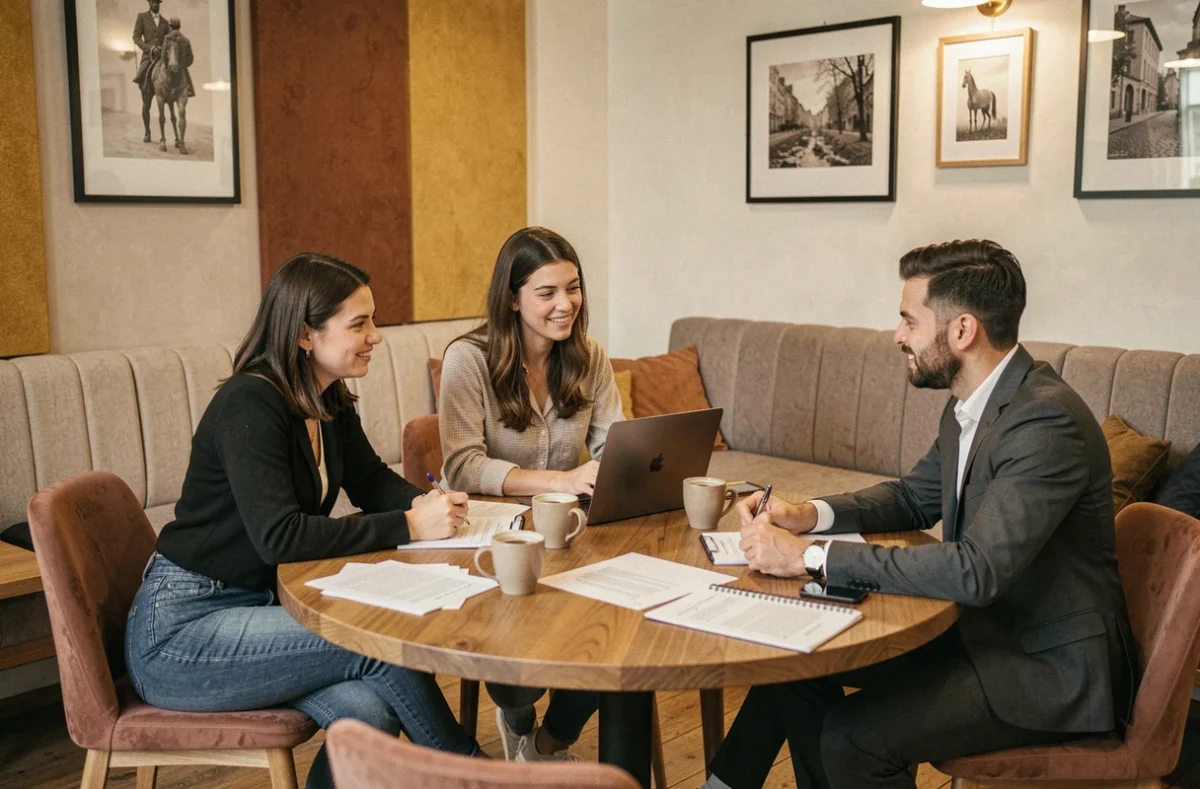 Groupe de professionnels en réunion informelle dans un espace de coworking convivial à Abbeville
