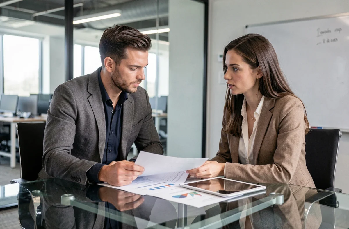 Deux professionnels en portage salarial discutant d'une stratégie d'optimisation de revenus lors d'une réunion en entreprise