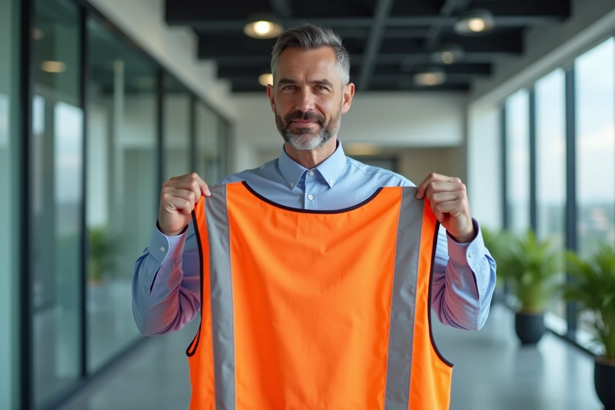 Responsable RH tenant un gilet haute visibilité orange personnalisé dans un bureau moderne