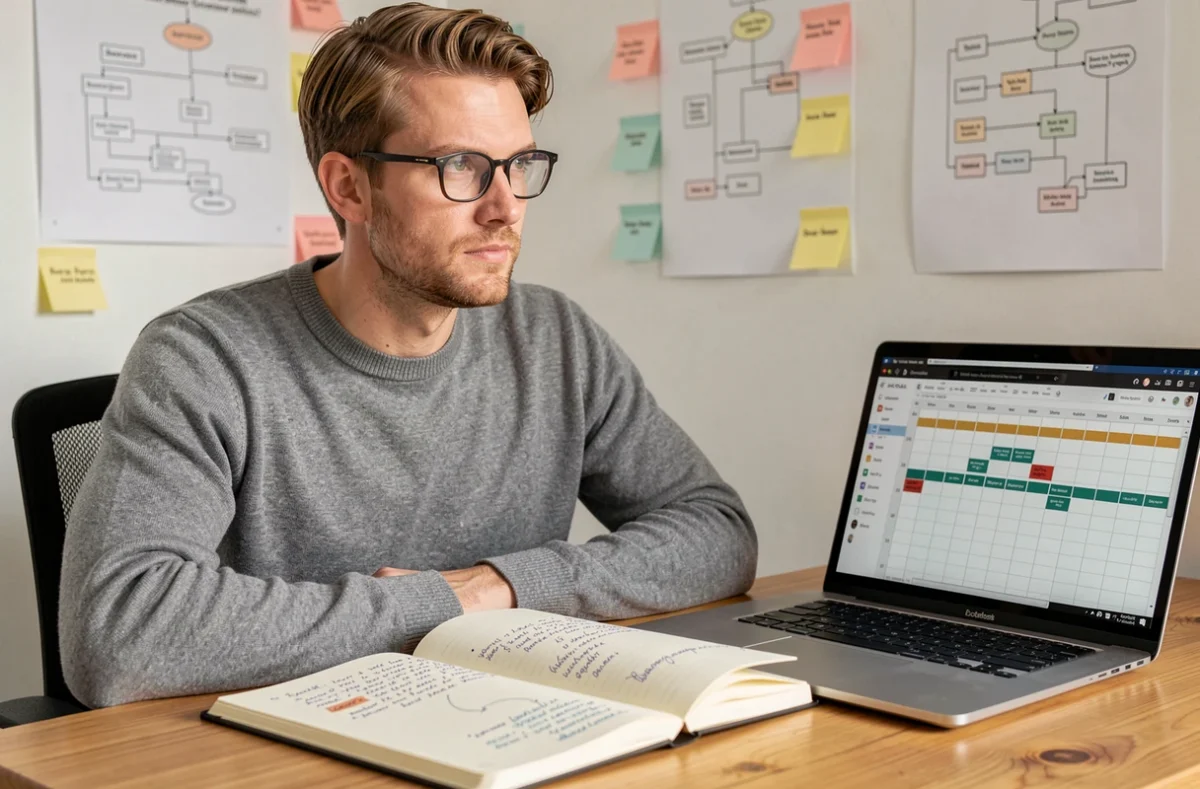 Romain Cann, spécialiste en référencement naturel et stratégie de contenu, prenant des notes pour une campagne SEO