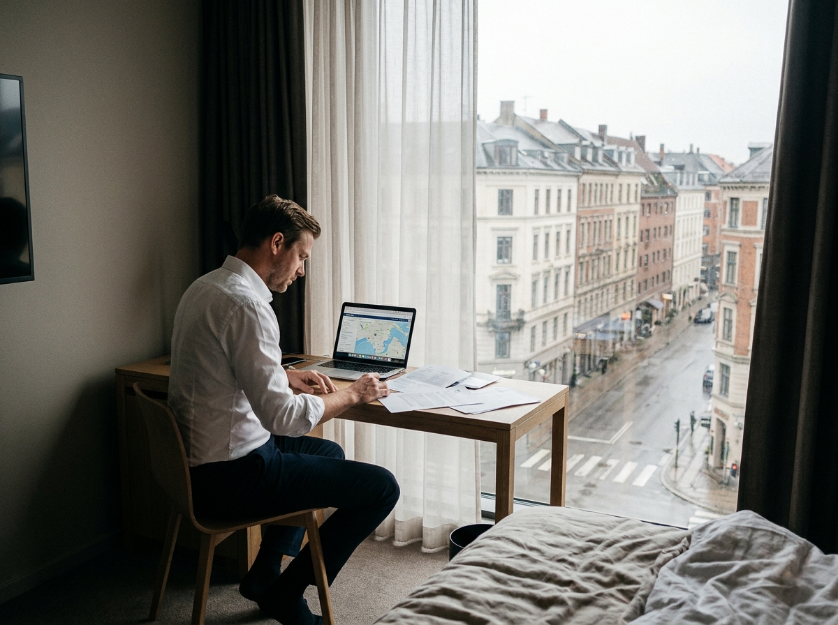 Salarié en déplacement professionnel à l'étranger travaillant dans une chambre d'hôtel avec vue sur la ville