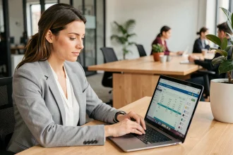 Salariée consultant ses bulletins de paie en ligne sur un portail RH depuis son bureau en entreprise