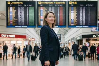 Femme cadre en mission à l'étranger dans un aéroport international, valise à la main, ambiance professionnelle et voyage d'affaires
