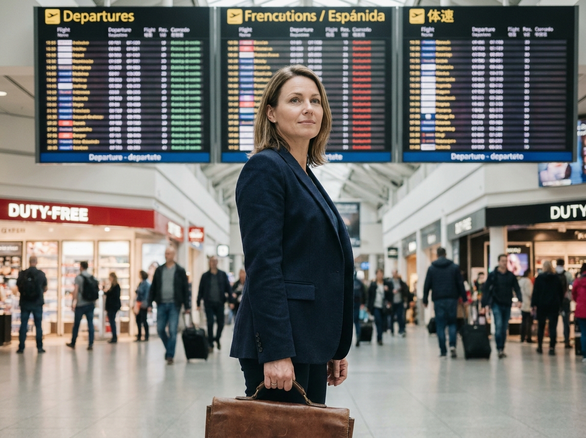 Femme cadre en mission à l'étranger dans un aéroport international, valise à la main, ambiance professionnelle et voyage d'affaires