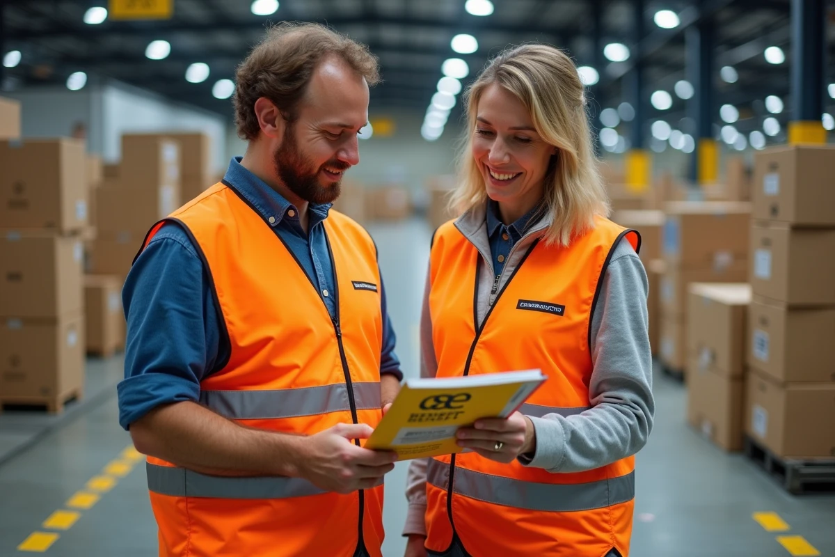 Deux salariés Chronopost consultant la brochure des avantages CSE dans un entrepôt logistique