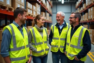 Groupe de salariés en gilets fluo personnalisés lors d'un briefing en entrepôt logistique
