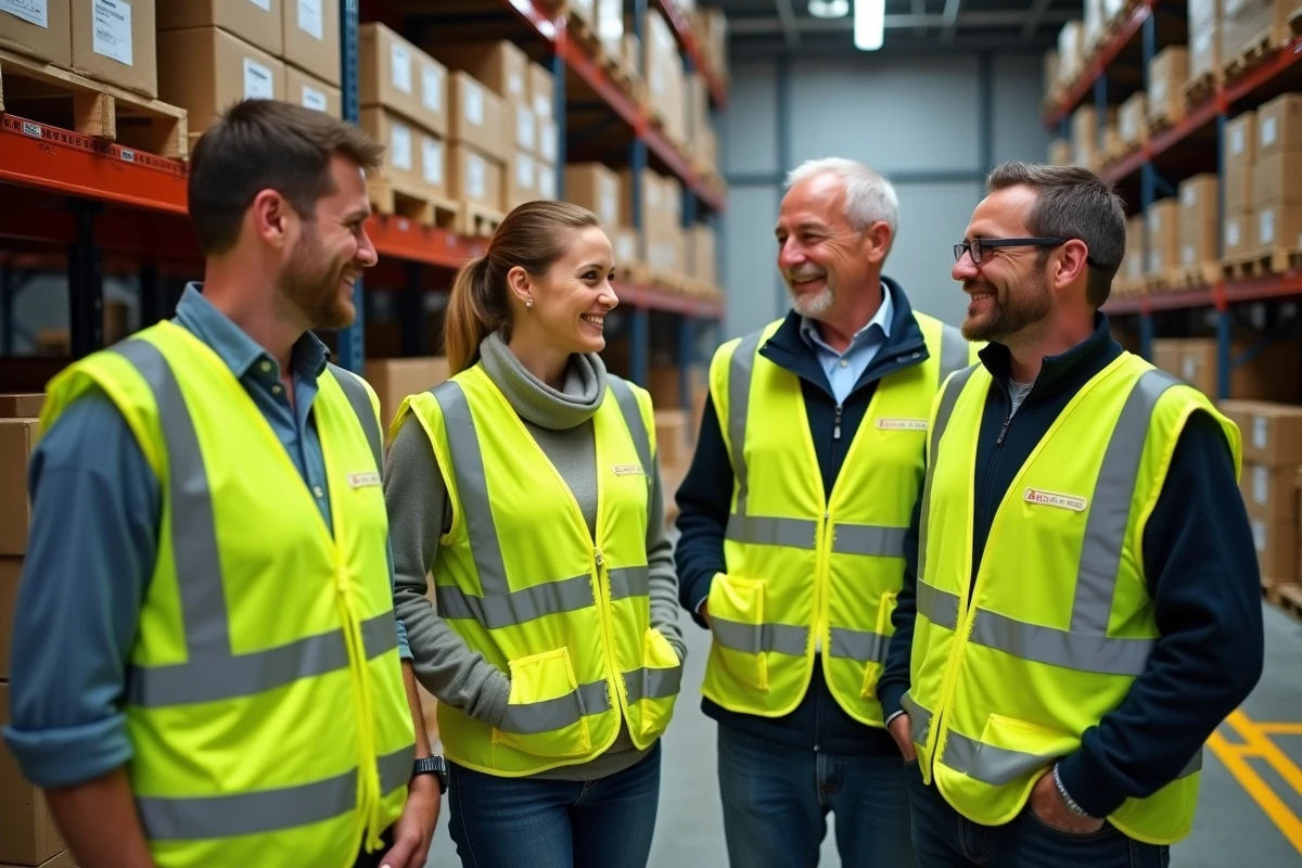 Groupe de salariés en gilets fluo personnalisés lors d'un briefing en entrepôt logistique
