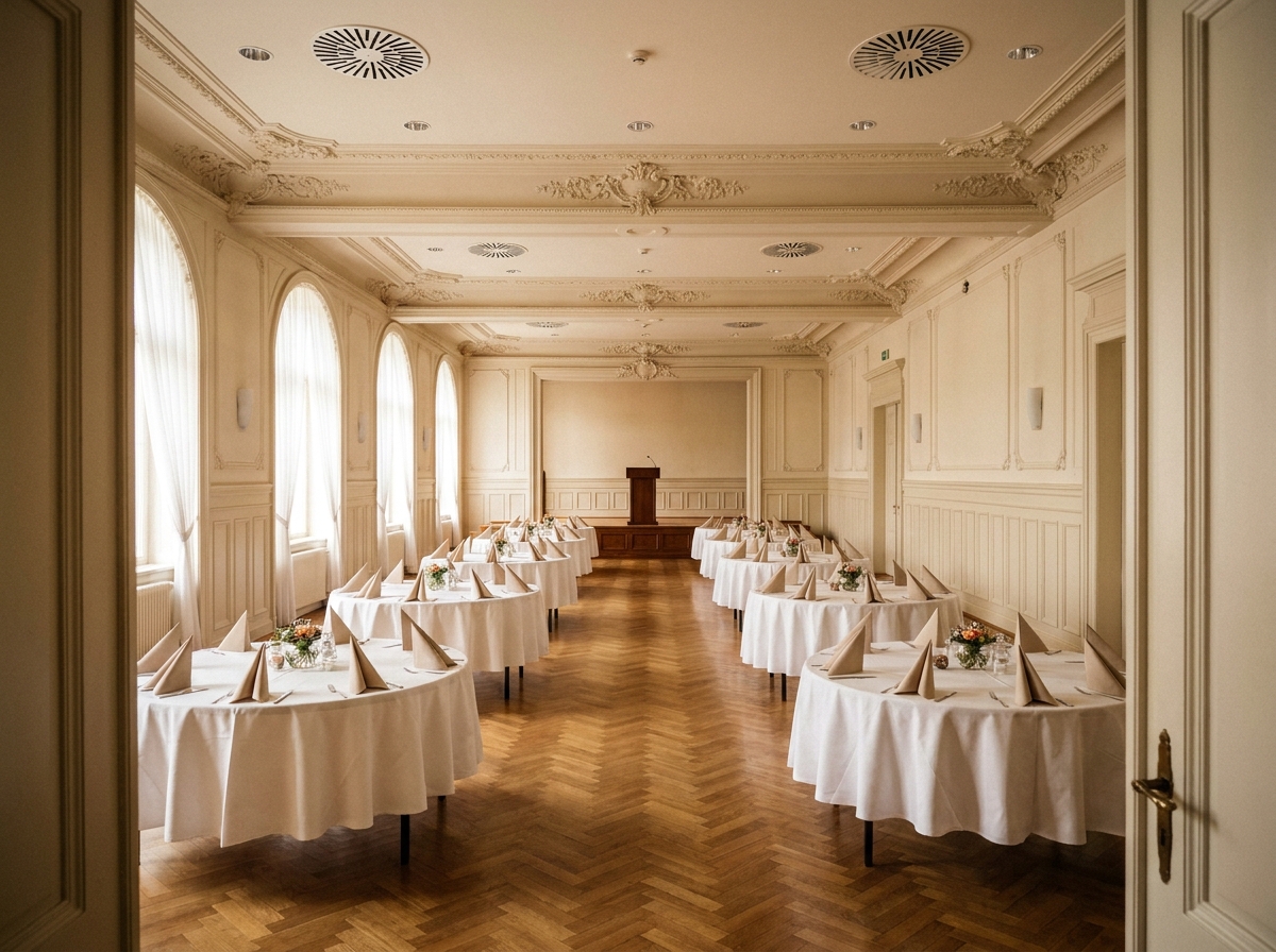 Salle de banquet vide et prête pour un événement au nord de Paris, vue depuis l'entrée