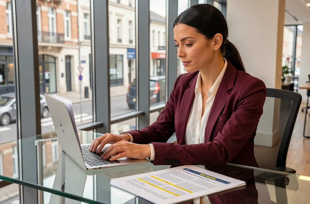 Sarah El Gharbi, consultante SEO à Nantes, examinant un rapport d'audit de contenu dans son bureau avec vue sur la ville