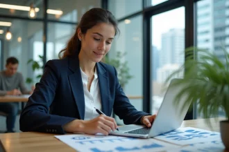 Femme cadre analysant des données économiques du secteur tertiaire dans un bureau moderne en open space