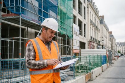 Chef de chantier en gilet haute visibilité orange inspectant des documents de sécurité devant un chantier urbain à Nantes