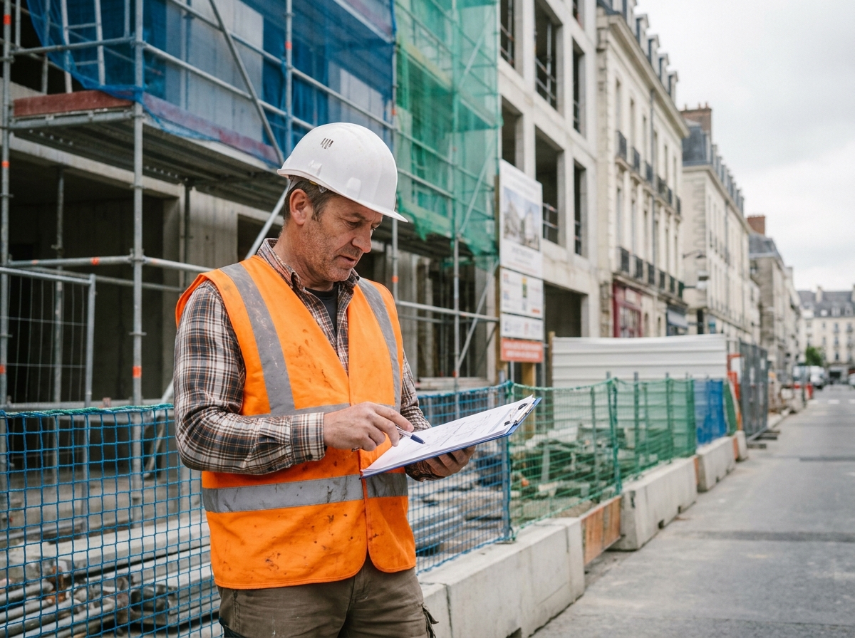 Chef de chantier en gilet haute visibilité orange inspectant des documents de sécurité devant un chantier urbain à Nantes
