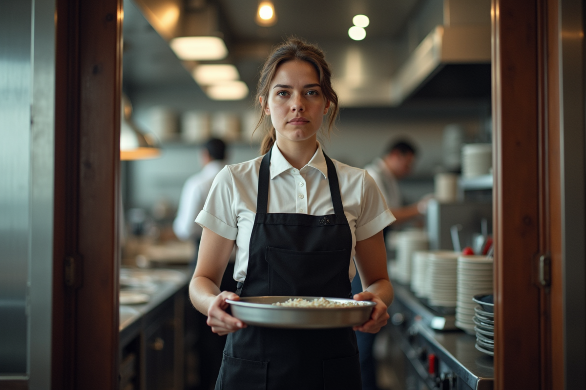 Jeune serveuse fatiguée dans une cuisine animée