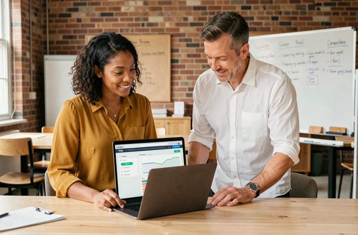 Deux collègues consultant un outil de suivi du temps de travail en ligne dans un espace de coworking