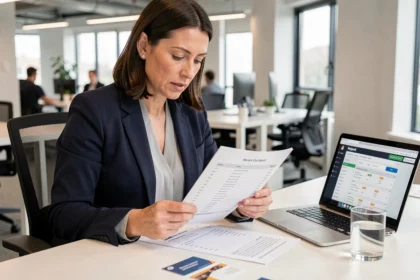 Une professionnelle organise le suivi de ses leads après un événement B2B en consultant une liste de contacts sur son bureau