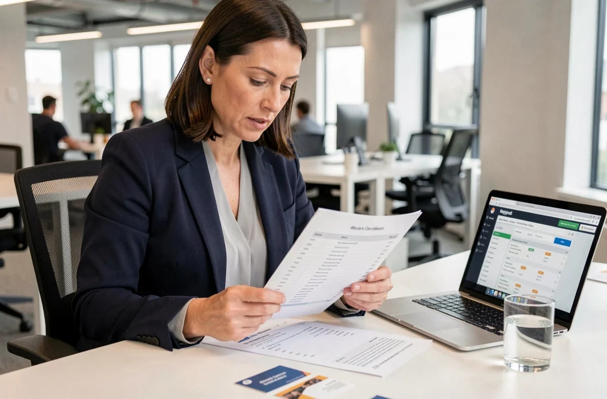 Une professionnelle organise le suivi de ses leads après un événement B2B en consultant une liste de contacts sur son bureau