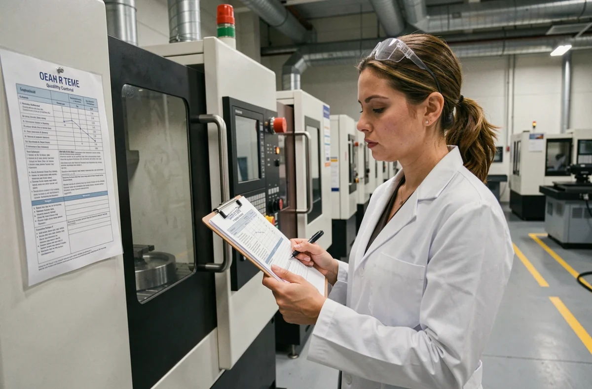 Technicienne qualité vérifiant la conformité d'un dossier technique de construction sur une machine CNC dans un atelier industriel