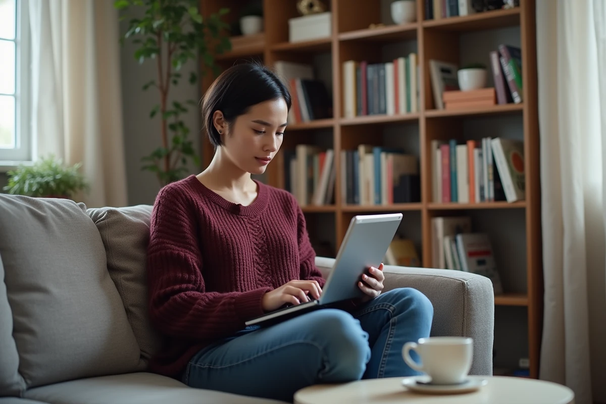 Travailleuse indépendante du secteur tertiaire en télétravail avec une tablette dans un bureau à domicile moderne