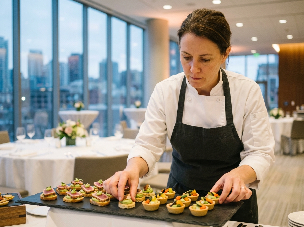 Traiteur professionnelle arrangeant des canapés lors d'une réception d'entreprise dans un centre de conférence moderne