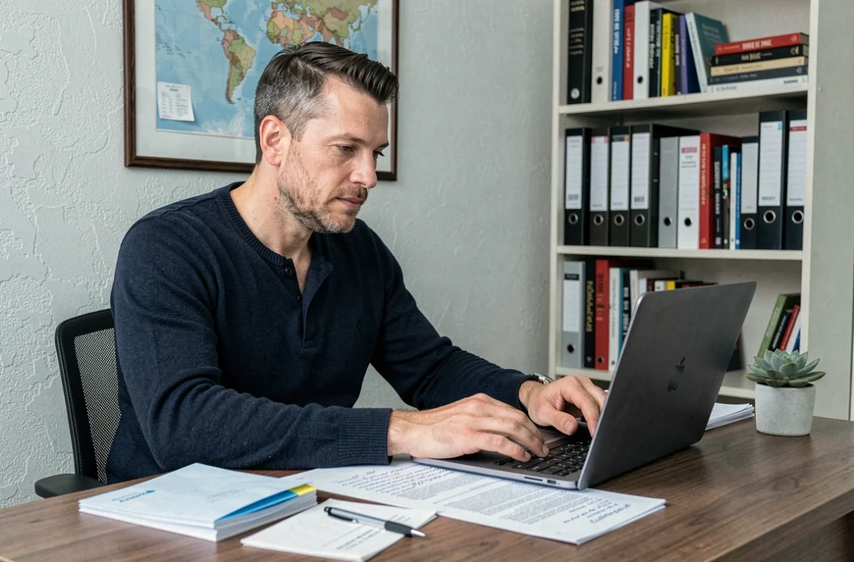 Homme en télétravail à domicile gérant des tâches administratives sur ordinateur portable dans un bureau maison