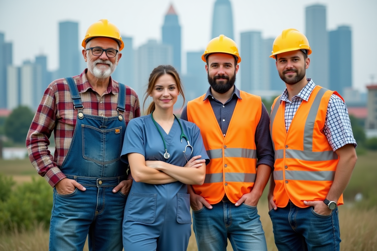 Groupe de travailleurs variés devant la ville