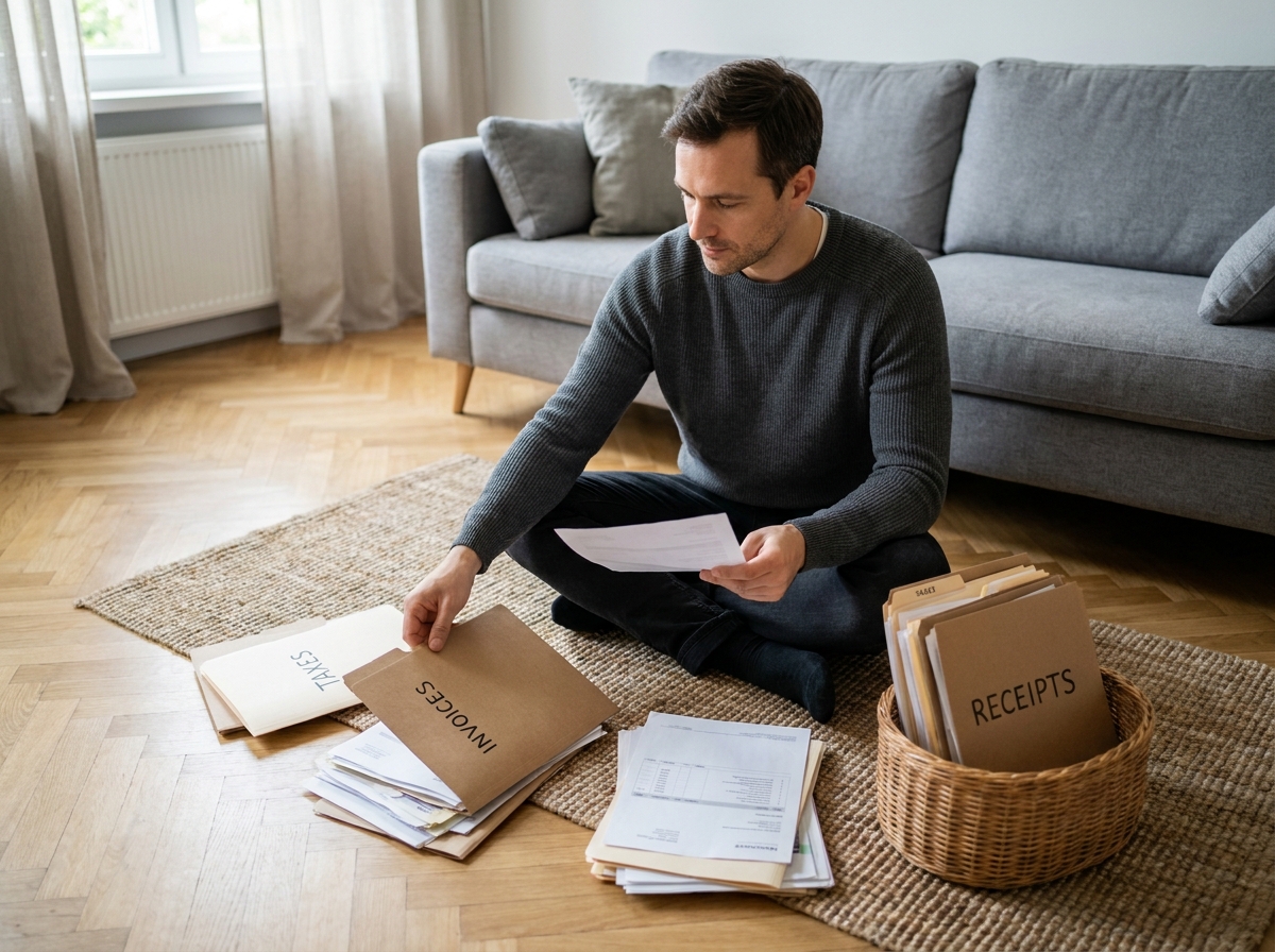 Homme triant ses documents administratifs dans des chemises cartonnées posées sur le parquet du salon