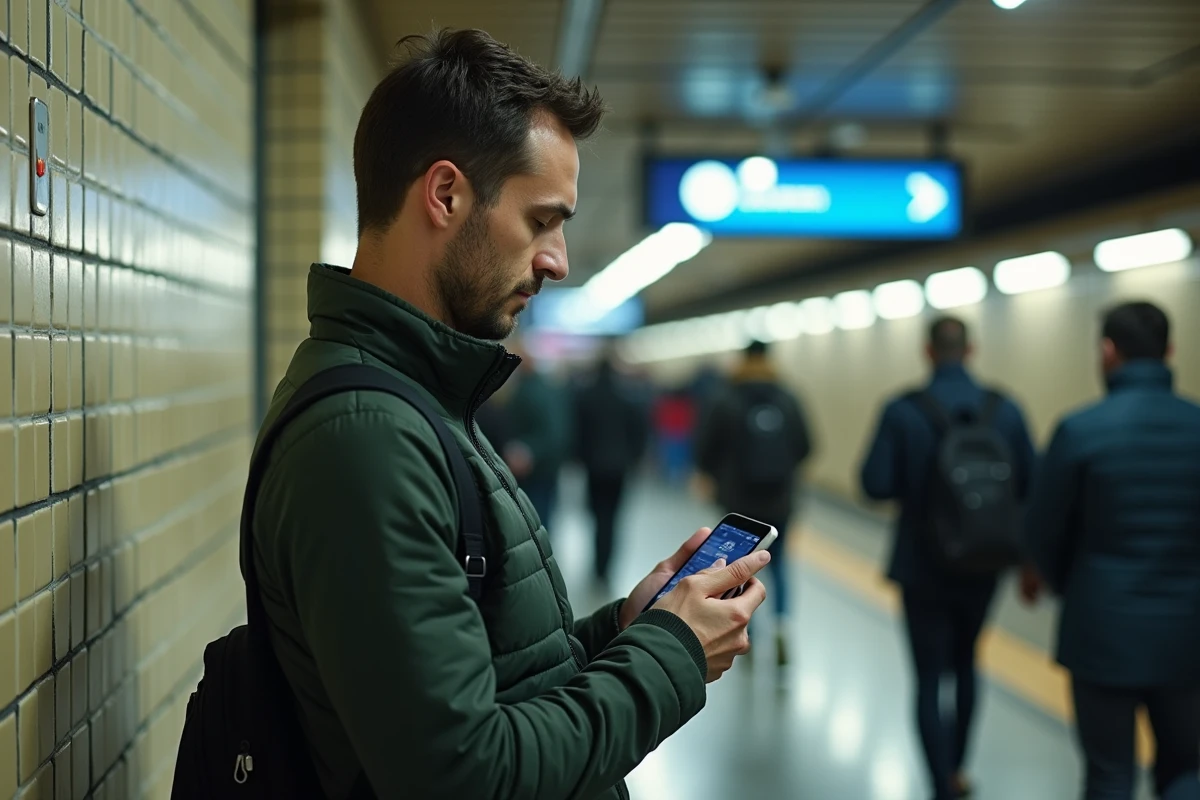 Voyageur consultant l'application Urban Group RATP sur son smartphone dans une station de métro moderne