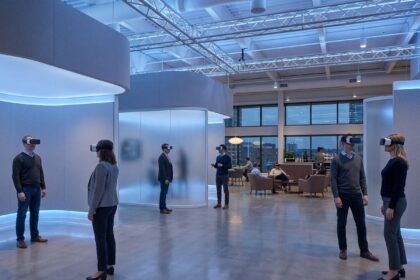 Participants équipés de casques dans une arène de réalité virtuelle