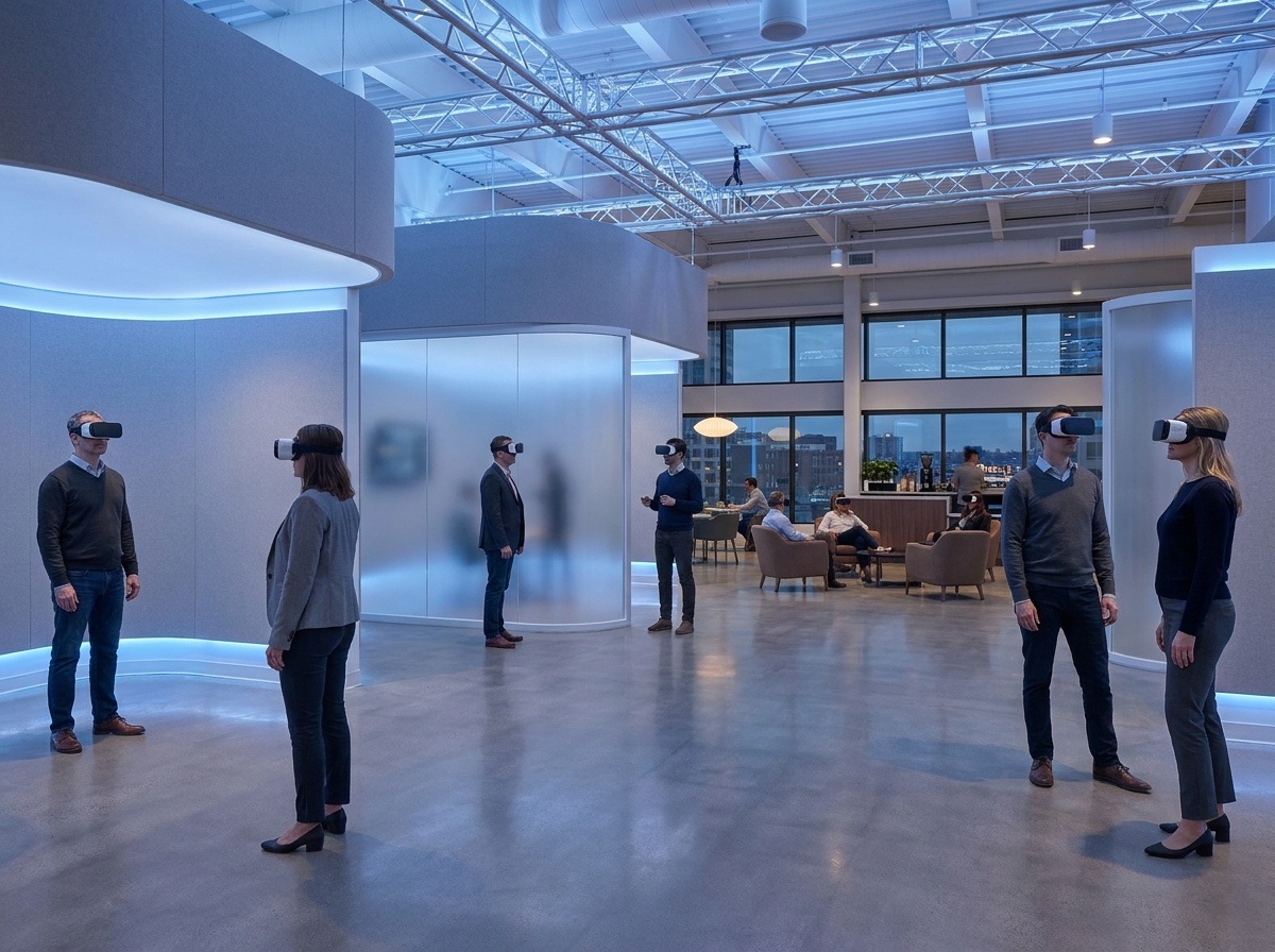 Participants équipés de casques dans une arène de réalité virtuelle